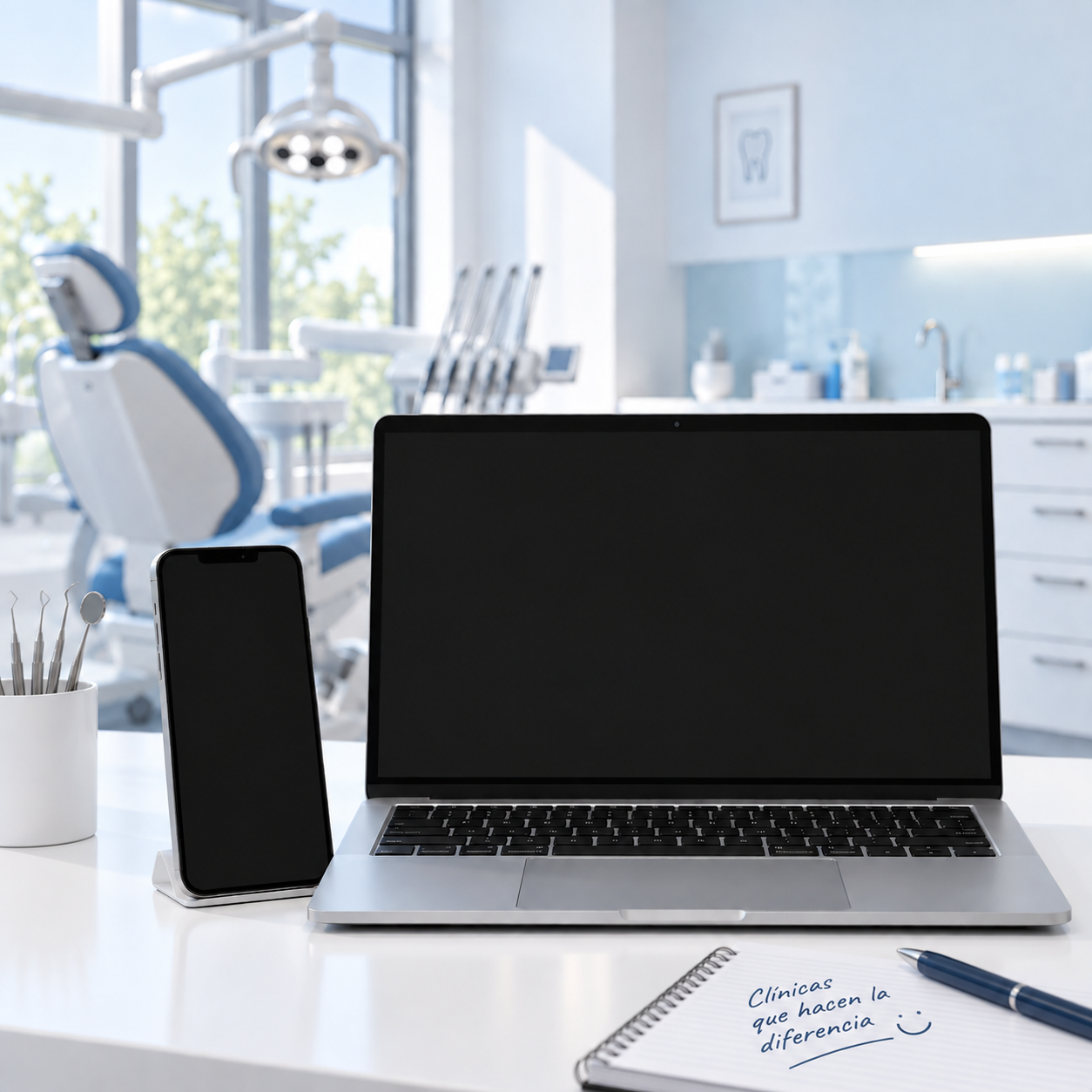 Laptop sobre un escritorio en una clínica dental